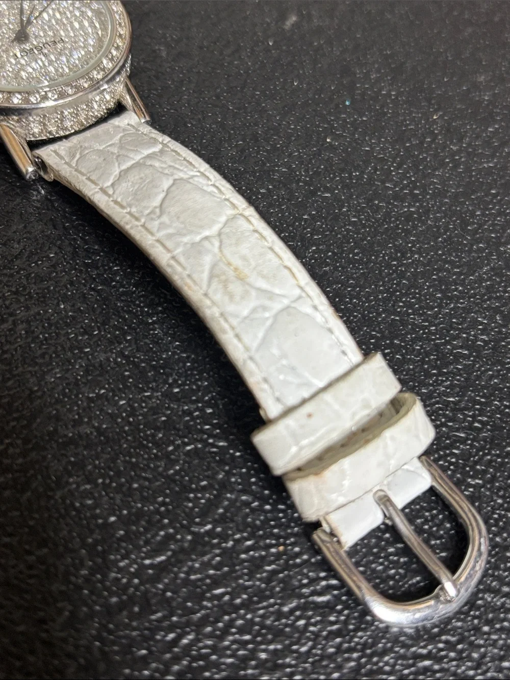 Peugeot WORKING Silver-Tone Crystal Dial Watch Leather White Croc Strap